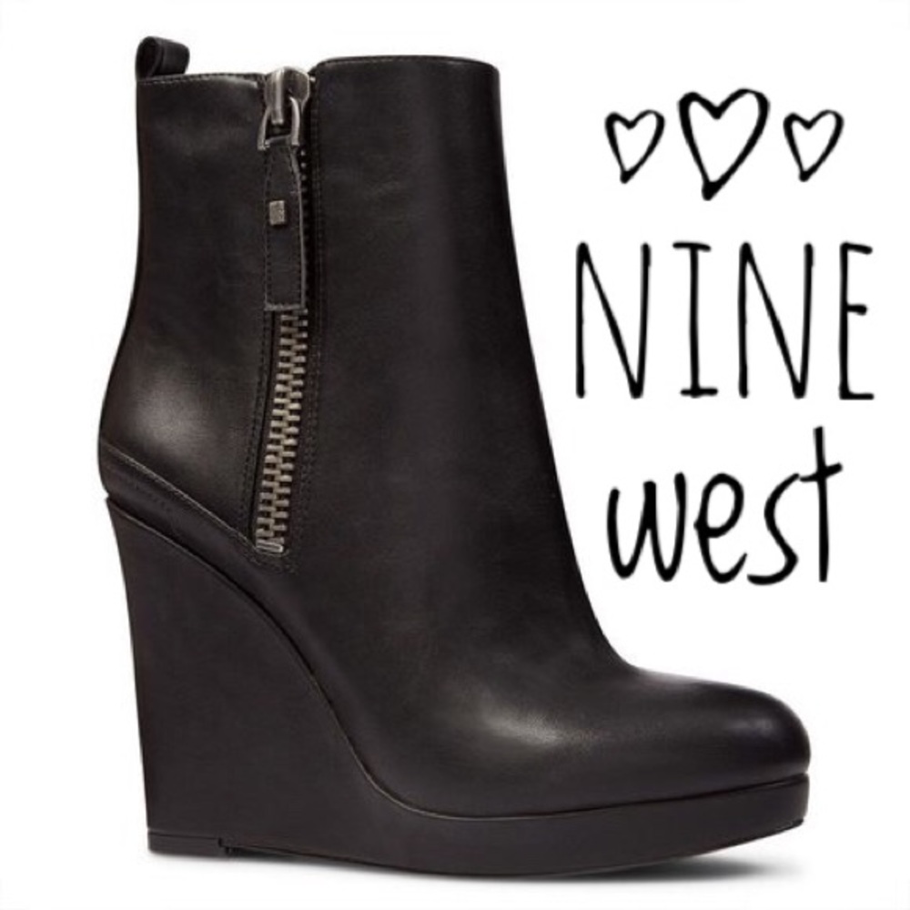 Nine West Black Leather Wedge Ankle Boots